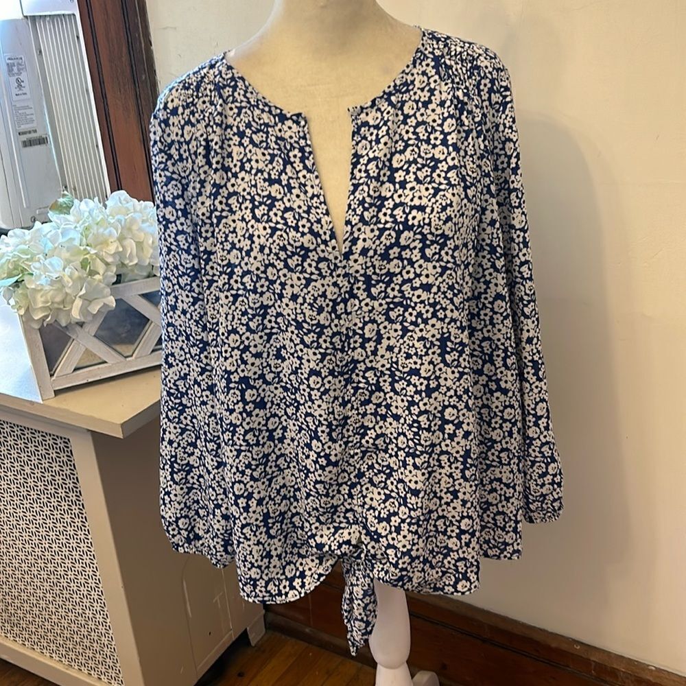 Collective Concepts royal blue white floral long sleeve tie waist blouse Sz XL
